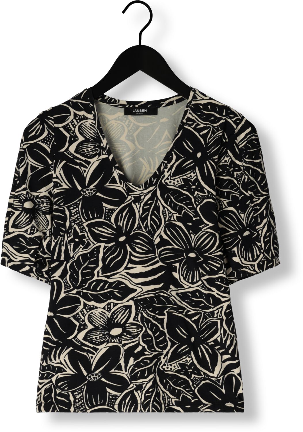 JANSEN AMSTERDAM Dames Tops & T-shirts Vfb179 Printed Top Short Sleeve V-neck Zwart