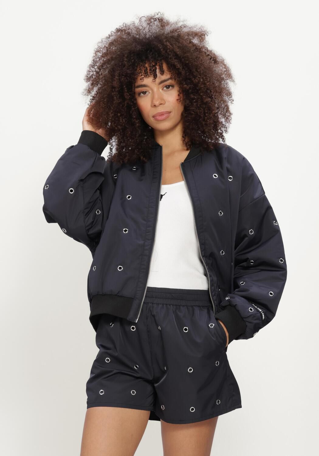 Donkerblauwe ALIX THE LABEL Jack LADIES WOVEN EYELET BOMBER - large