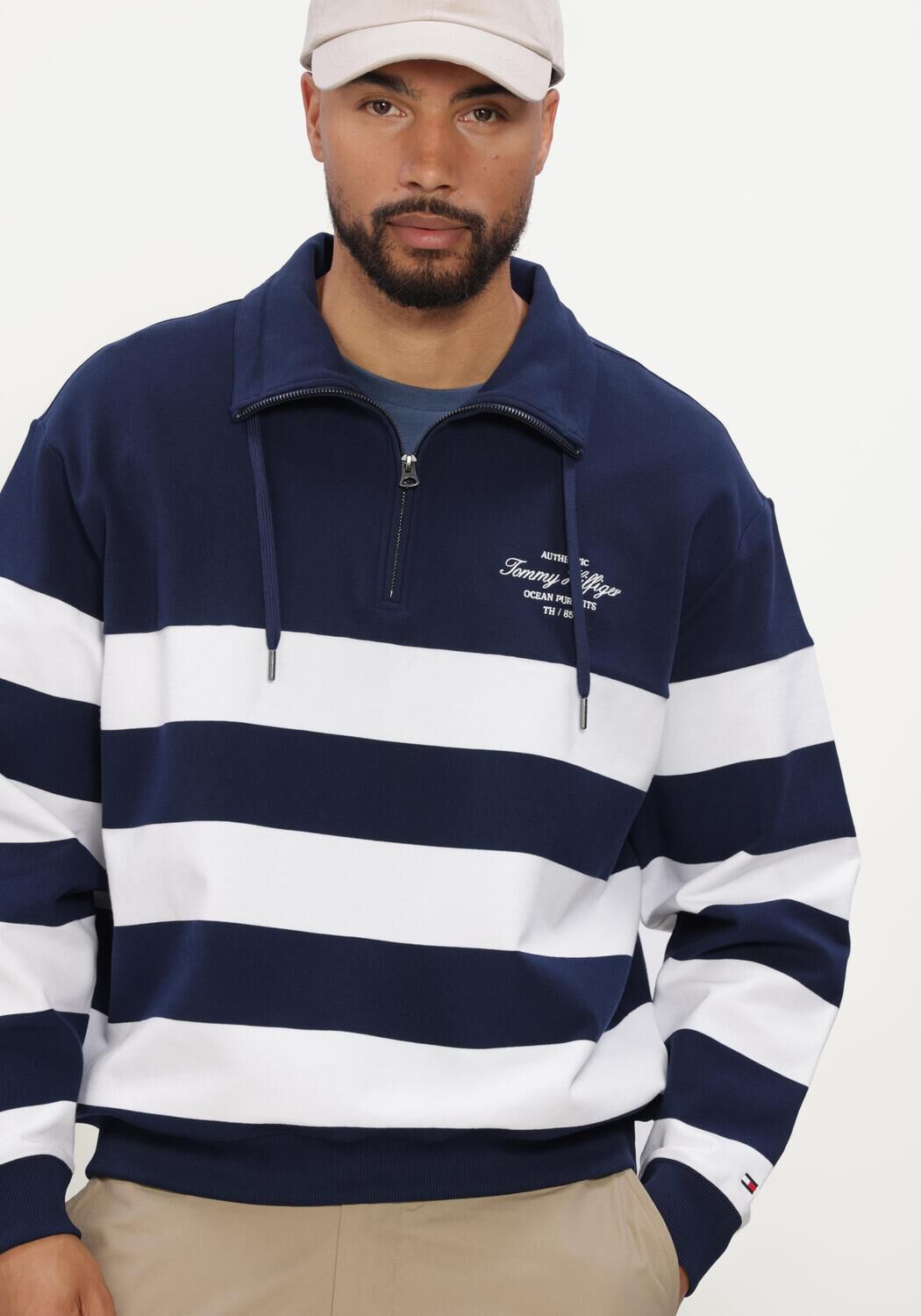 Donkerblauwe TOMMY HILFIGER Trui NAUTICAL BLOCK STRIPE 1/4 ZIP - large