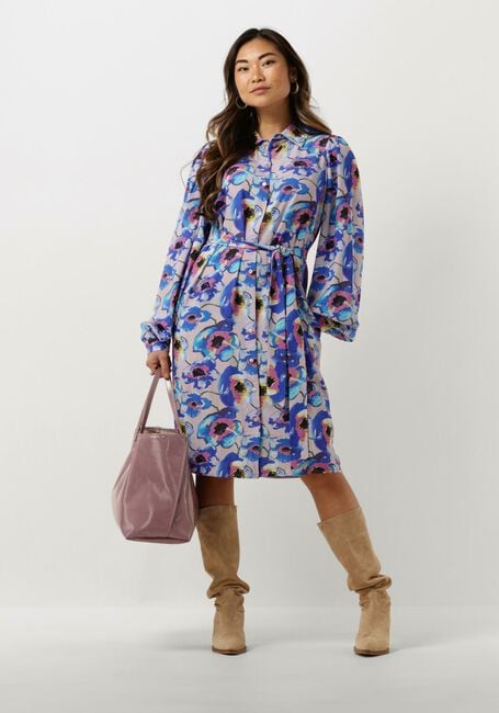 Blauwe JANSEN AMSTERDAM Mini jurk PF508 PRINTED LONG SLEEVE BLOUSE DRESS - large