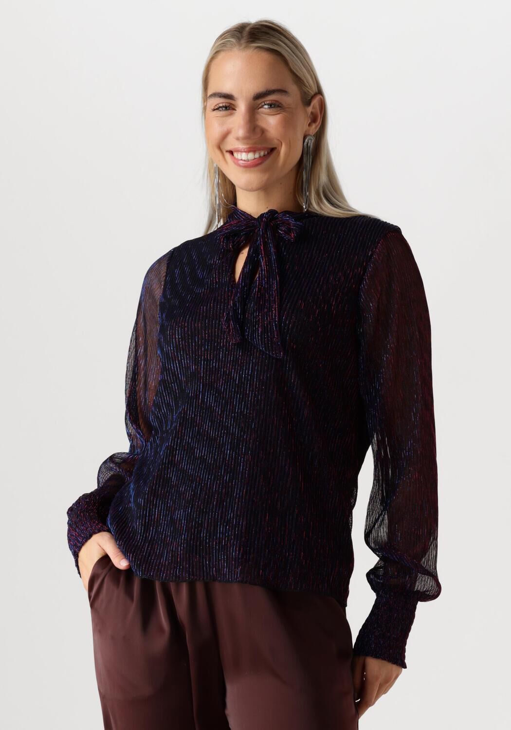 Freebird Metallic Blauwe Blouse met Roze Streep Blue Dames