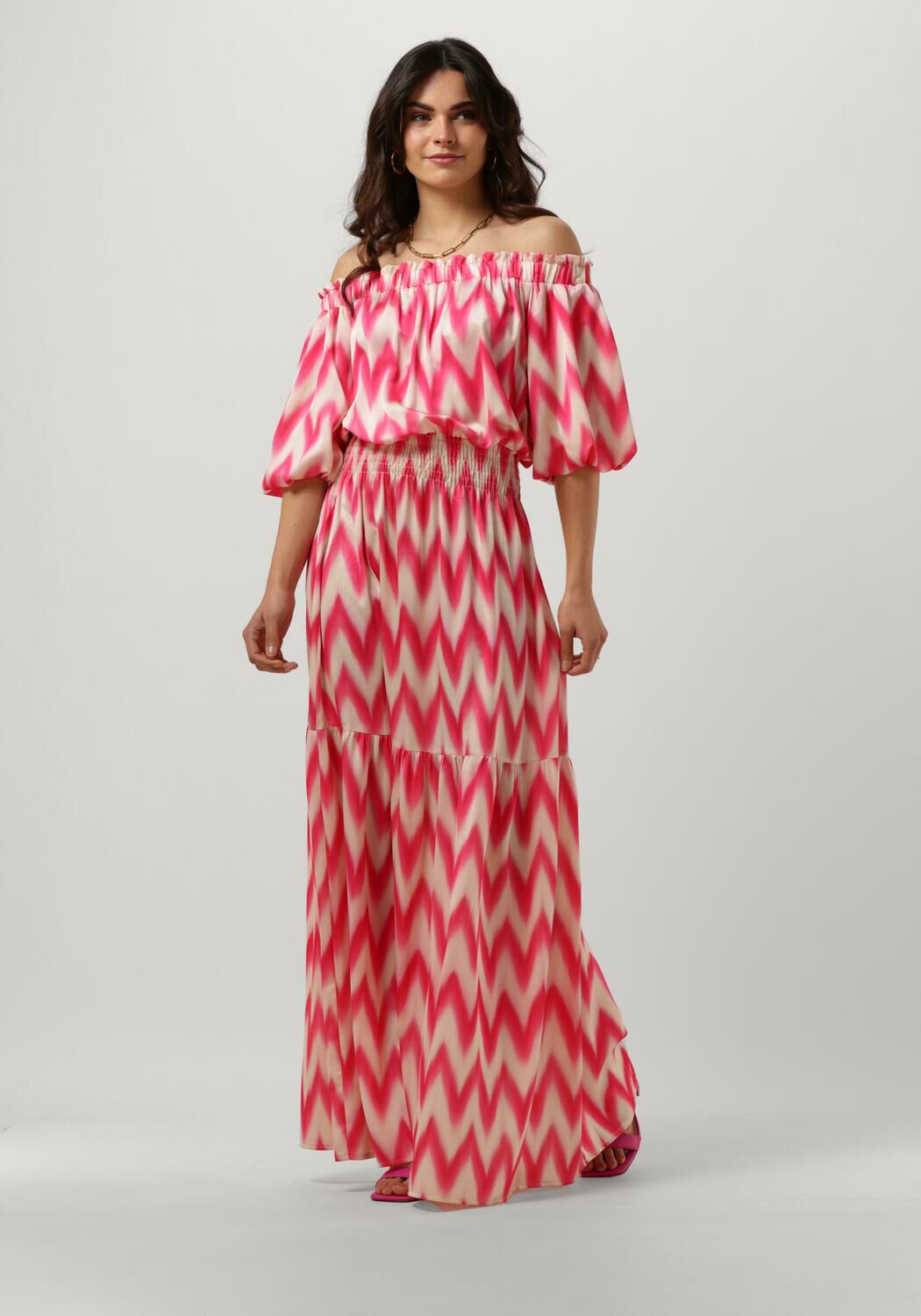 fuchsia access maxi jurk off the shoulders geometrically printed dress