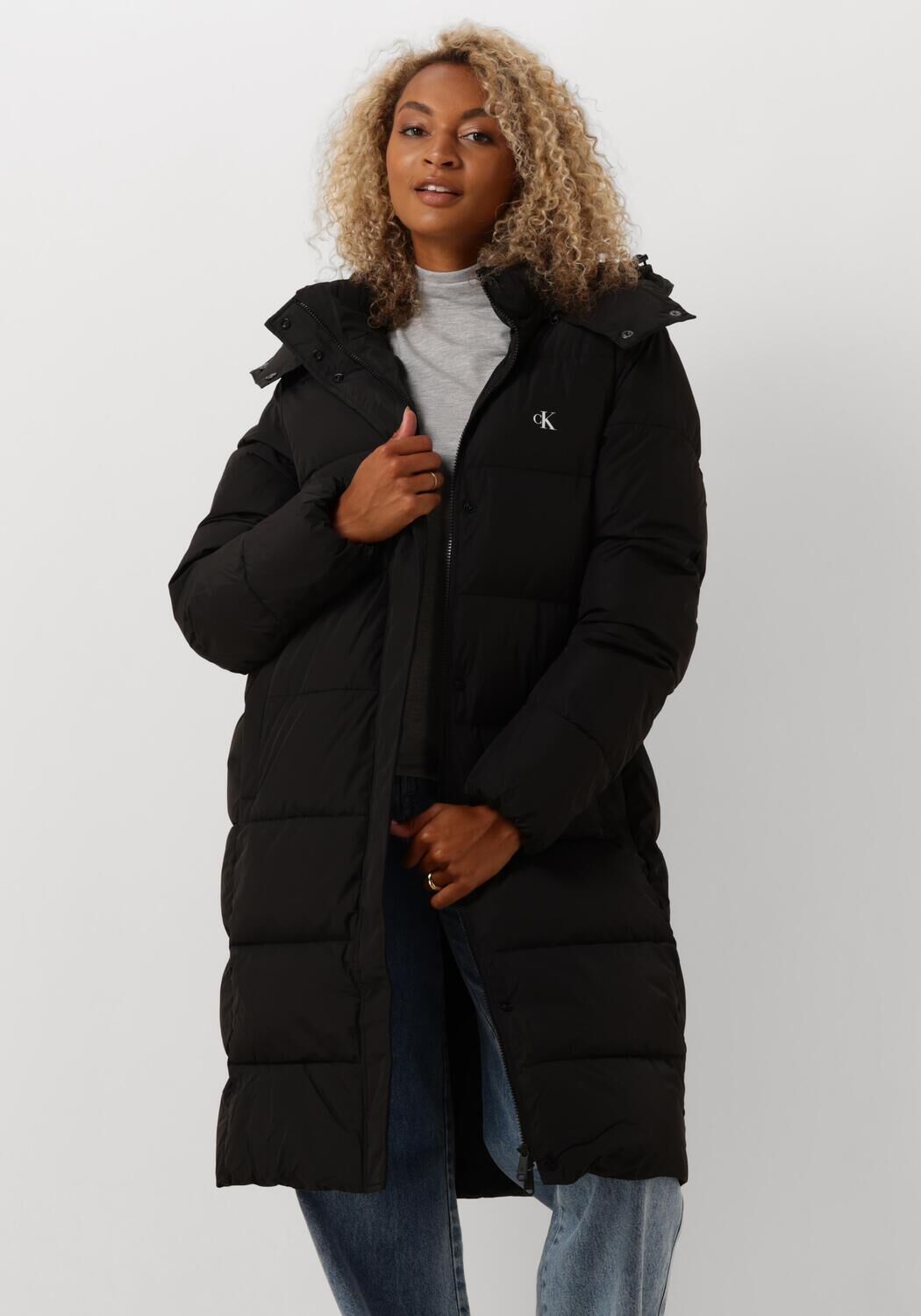 Calvin Klein Lange gewatteerde jas met afneembare capuchon Black Dames