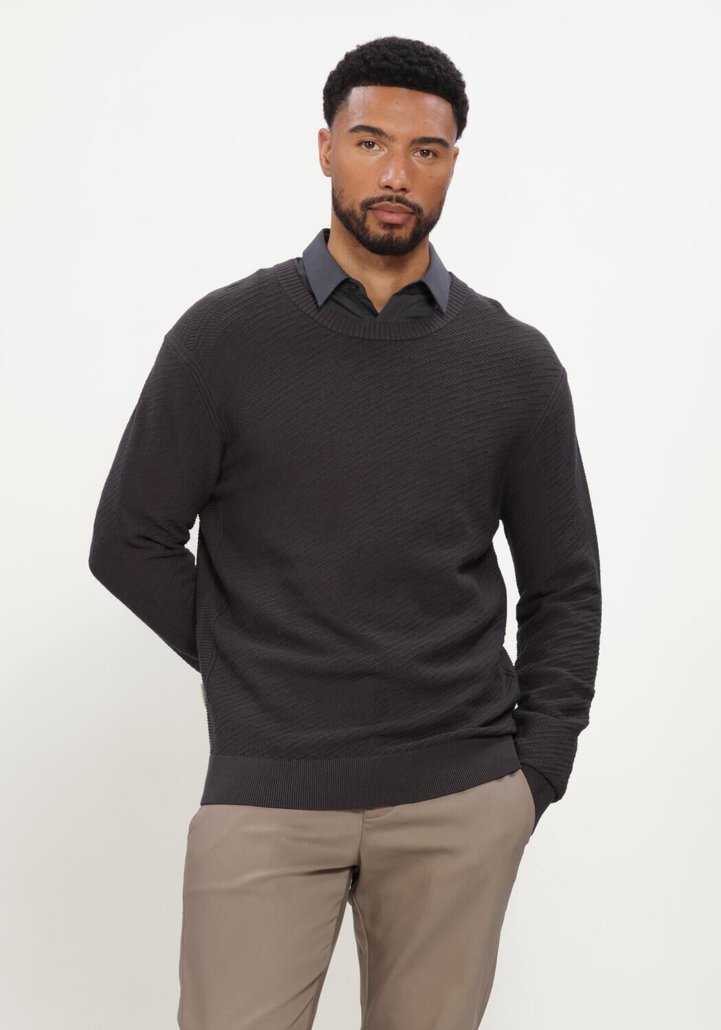 Donkergrijze CAST IRON Trui CREWNECK REGULAR FIT COMFORT BLEND - large