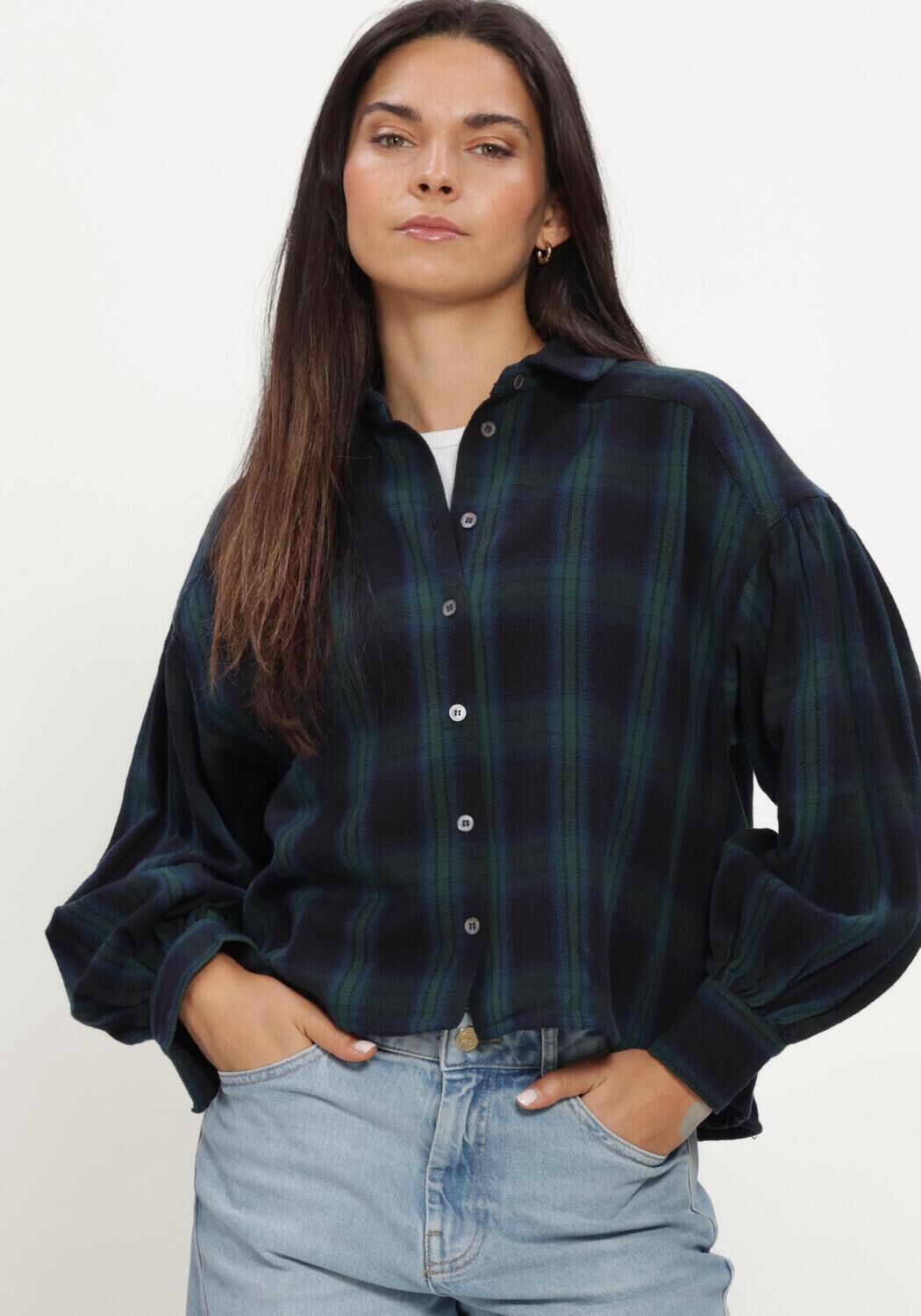 Donkerblauwe BY-BAR Blouses SARAH SHORT GREEN CHECK BLOUSE - large