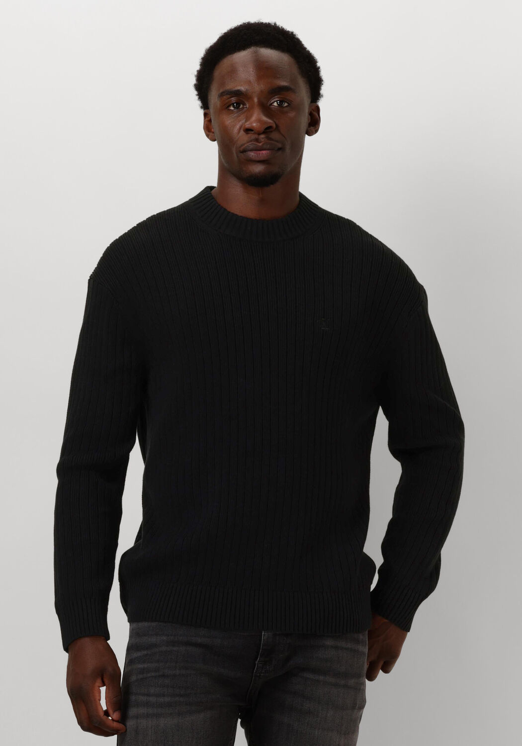 Calvin Klein Zwarte Geribbelde Trui Lineaire Stijl Black Heren