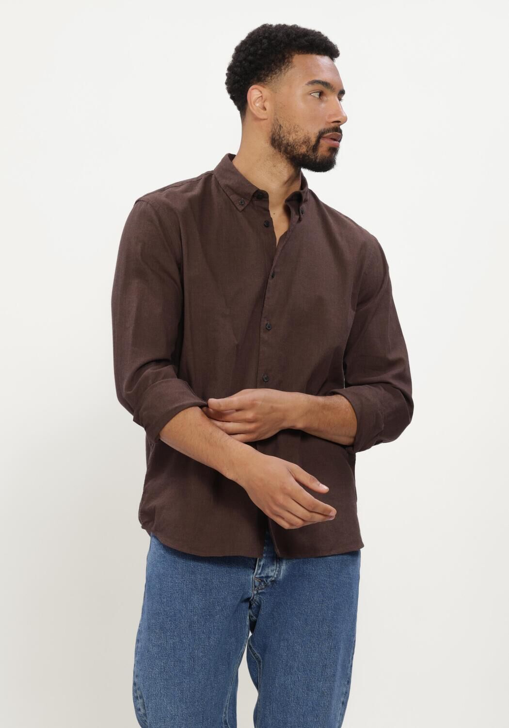 Bruine SELECTED MEN Casual overhemd SLMREGCOLE JAY MELANGE LS SHIRT NOOS - large