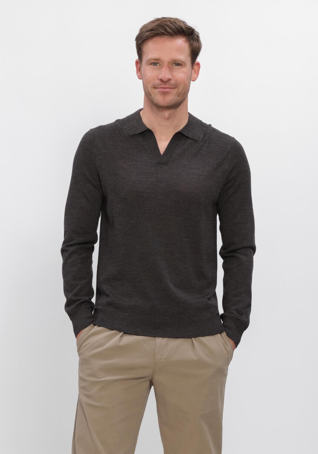 PROFUOMO Heren Truien & Vesten Polo Open Collar Ls Extrafine Merino Donkergrijs