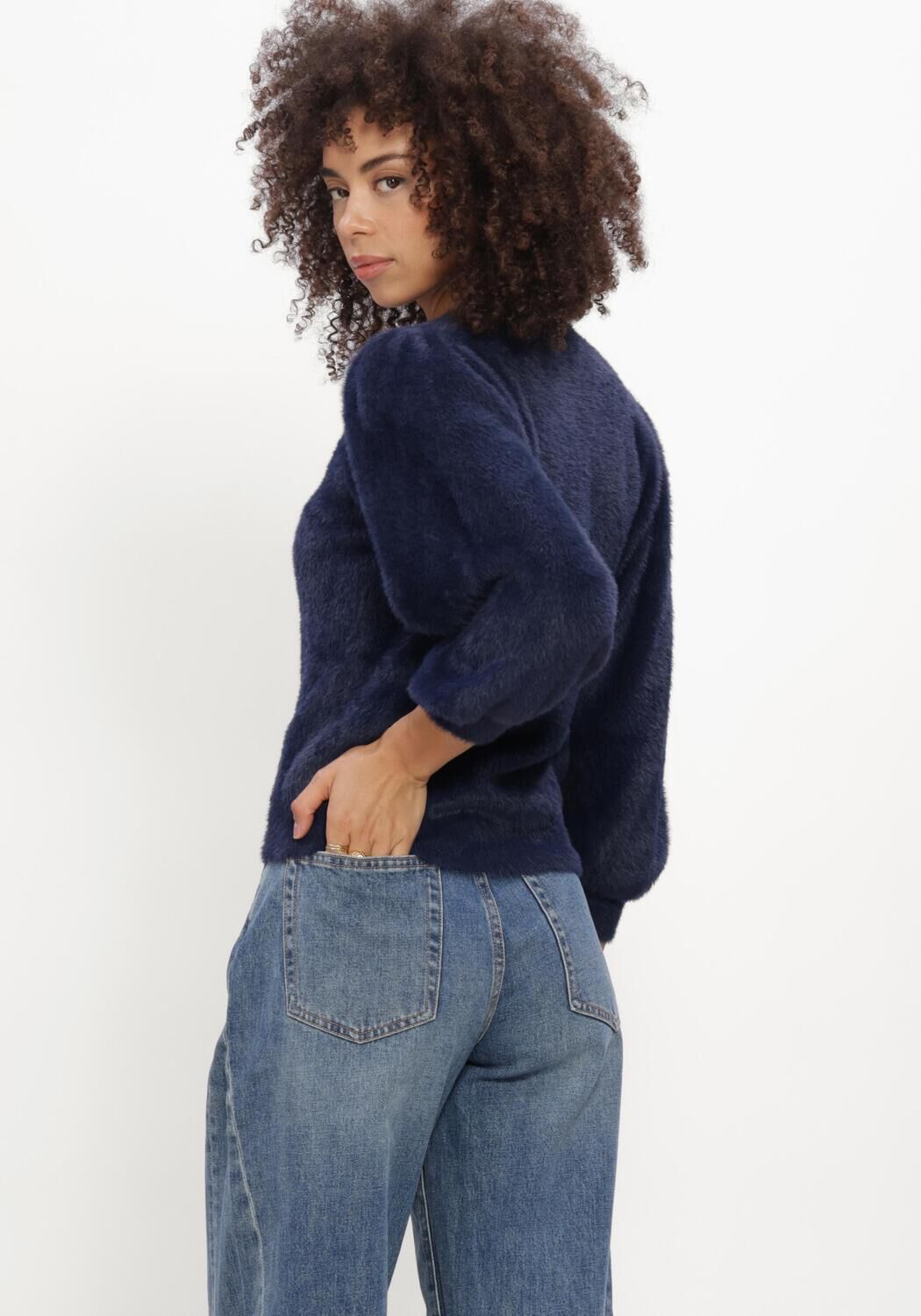 Donkerblauwe CATWALK JUNKIE Trui FUZZY PUFF SLEEVE KNIT - large