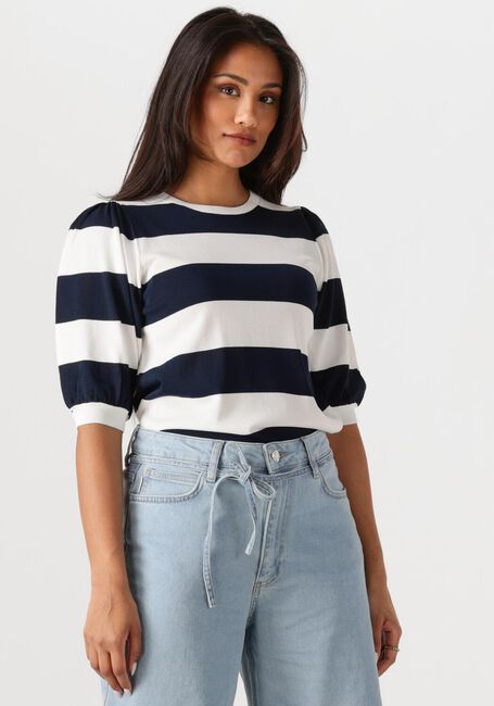 Blauwe JANSEN AMSTERDAM Top KIMMIE TOP K 136 BIG STRIPE SHORT PUFFED SLEEVE - large