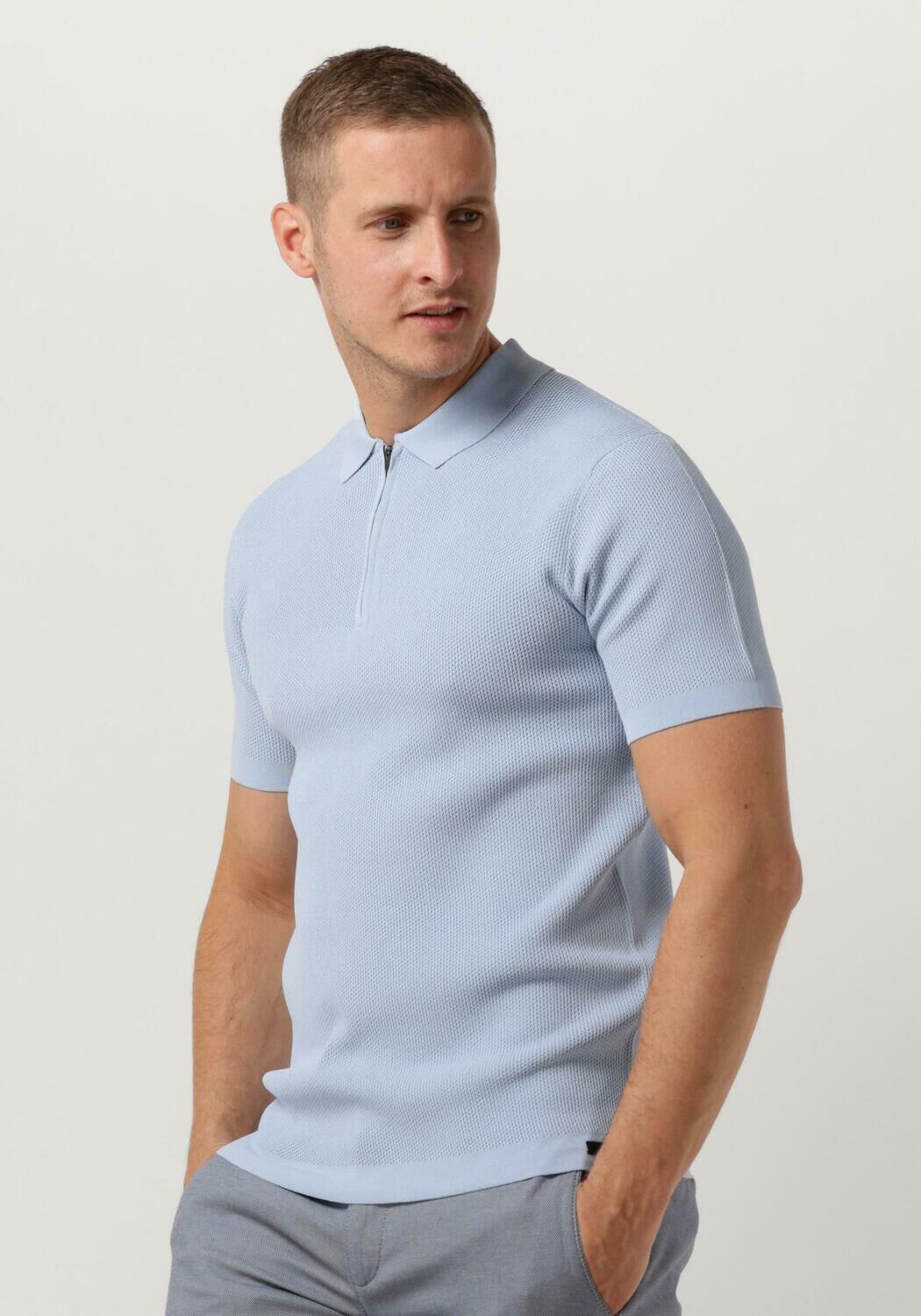 Genti Lichtblauwe Polo Zip met Open Structuur Heren Blue Heren