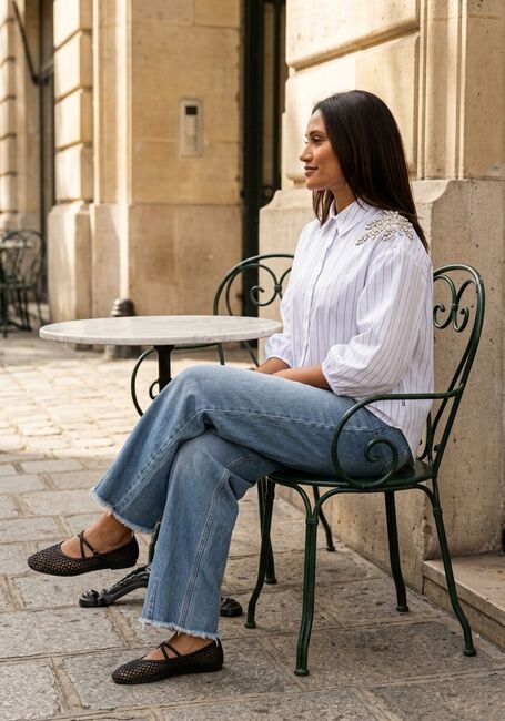 Witte JANSEN AMSTERDAM Blouses PARISA BLOUSE CS 772 STRIPE 3/4 SLEEVE SHINY STONES EMBELLISSEMENT AT SHOULDER - large