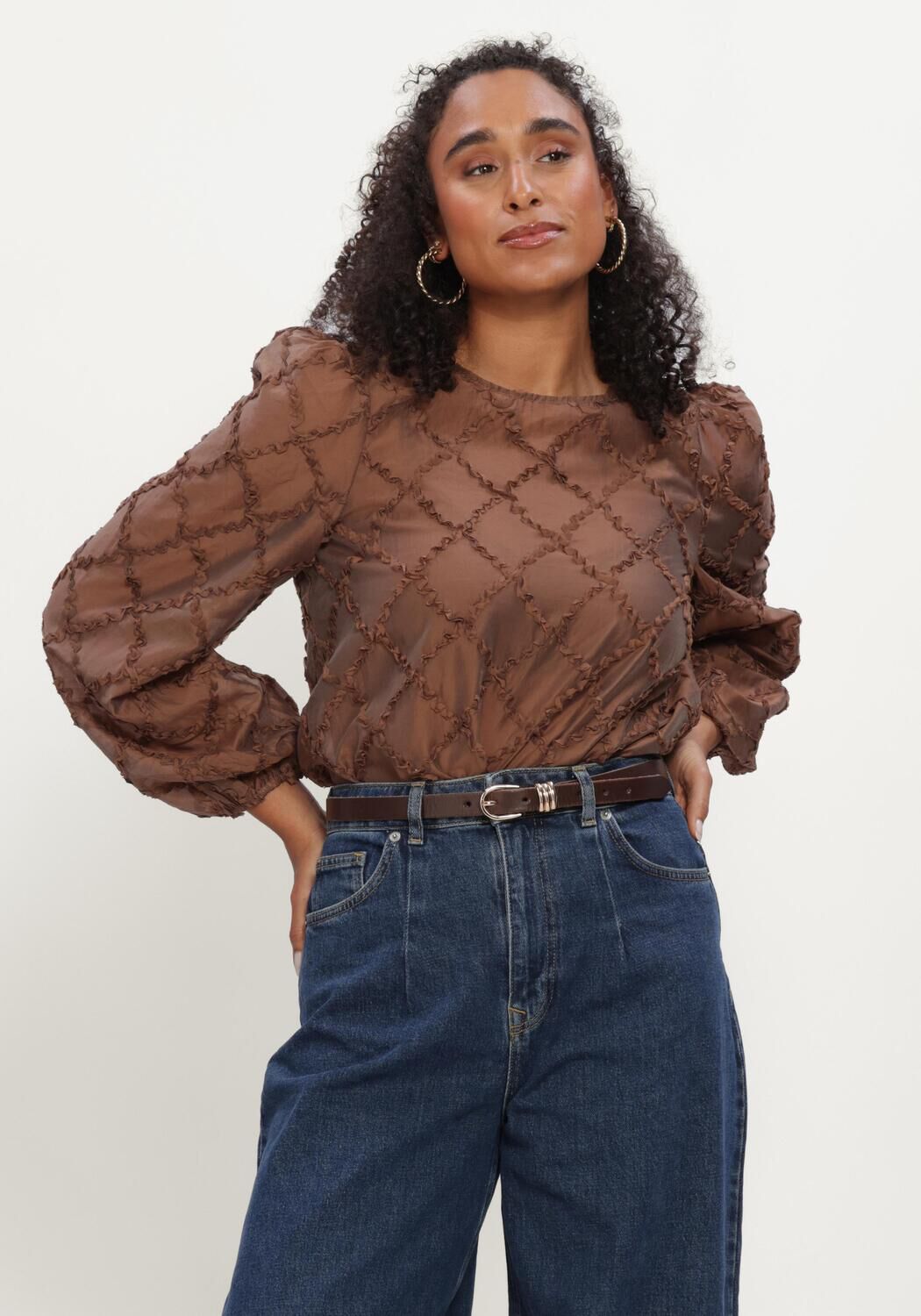 Bruine OBJECT Blouses OBJLUISA L/S RE O-NECK - large