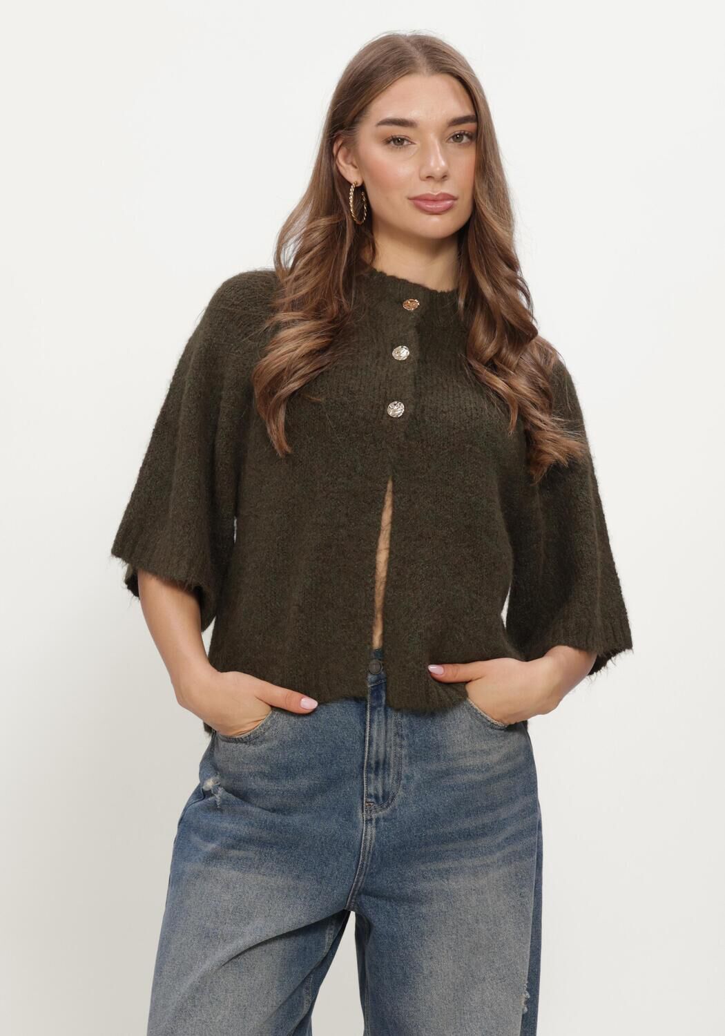 Donkergroene NEO NOIR Vest BENUTA FLUFFY KNIT CARDIGAN - large
