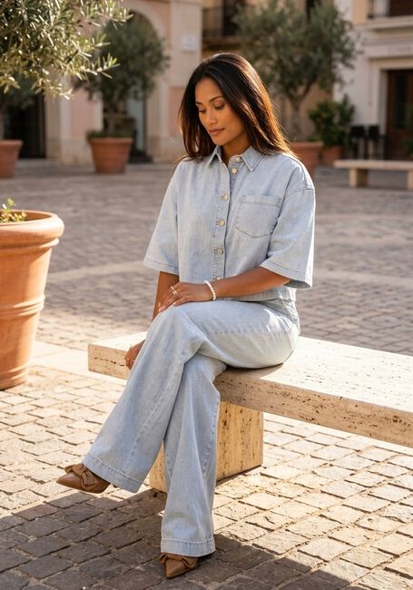 Blauwe JANSEN AMSTERDAM Wide jeans SAAR BROEK LLBD 429 LIGHT DEMIN LONG WIDE ELASTIC WAIST AT BACK - large