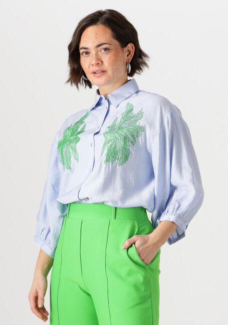 Blauwe JANSEN AMSTERDAM Blouses ODESSA BLOUSE FS 707 3/4 PUFFED SLEEVE GREEN EMBROIDERY - large