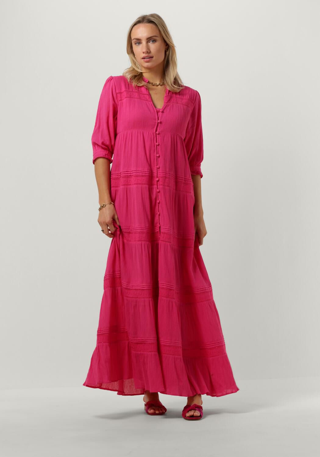 Fabienne Chapot Hot Pink Maxi Jurk met Pofmouwen Pink Dames