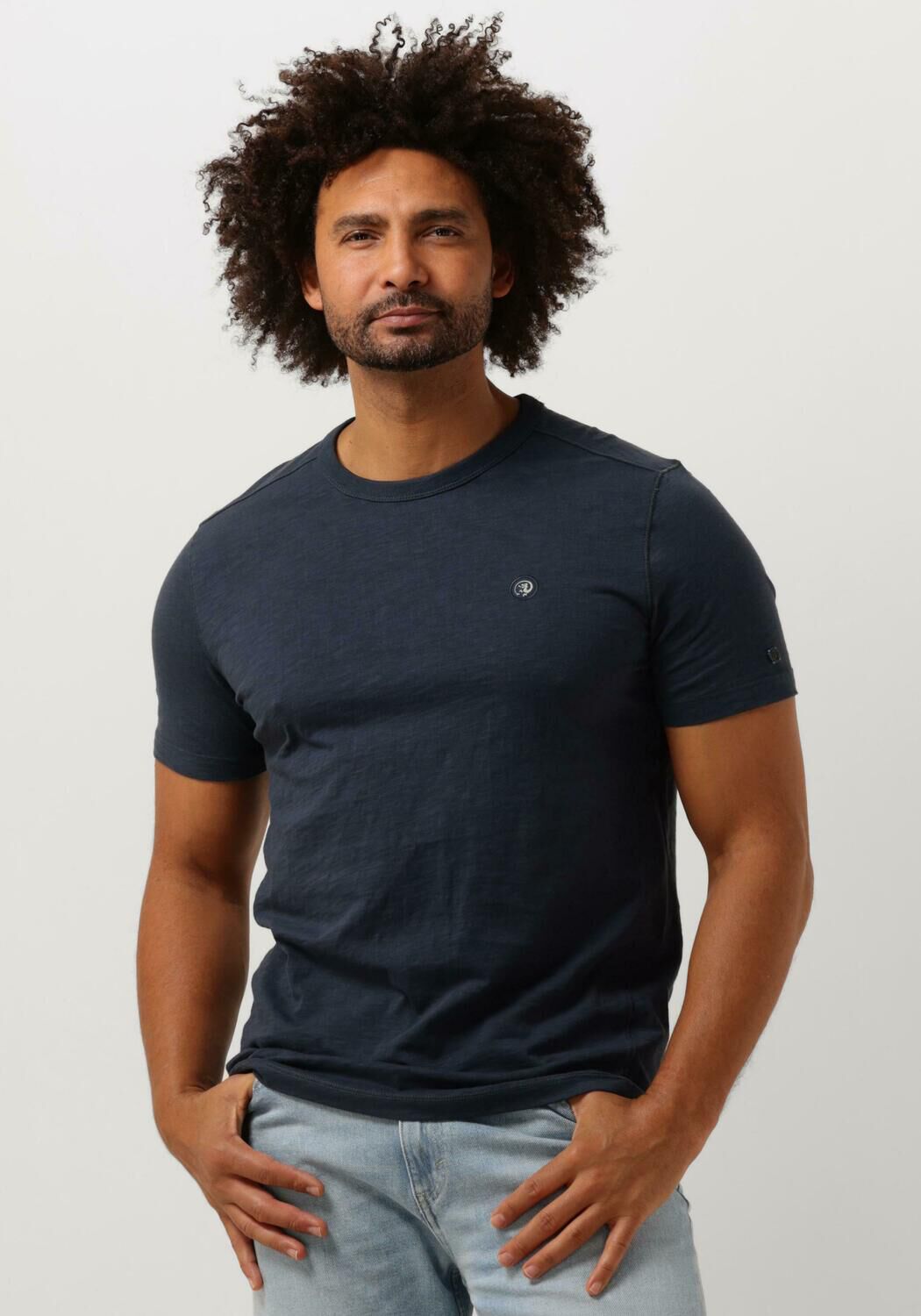 donkerblauwe cast iron t shirt short sleeve r neck organic cotton slub essential