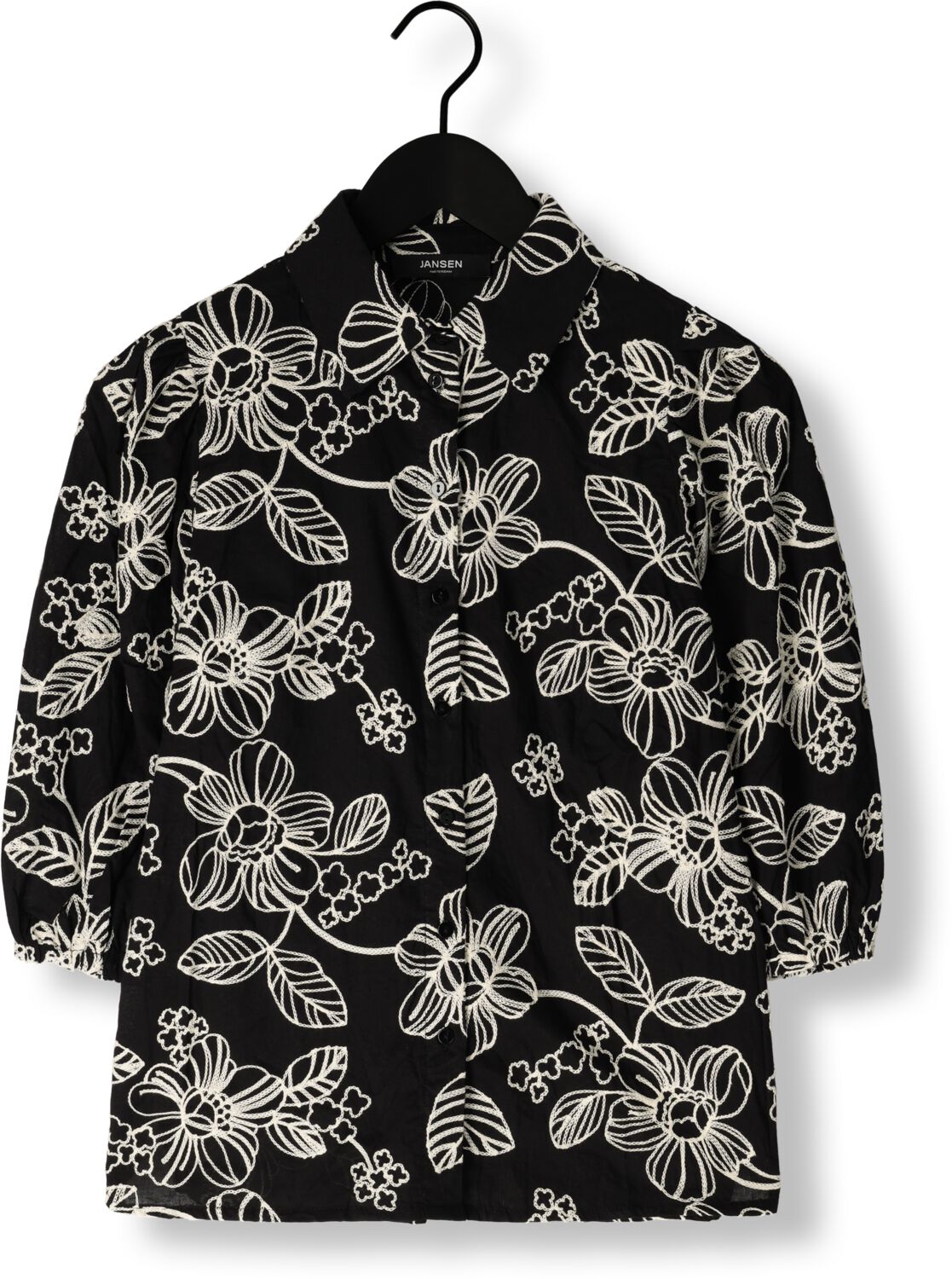 JANSEN AMSTERDAM Dames Blouses Wge722 Embroidered Blouse 3 4 Puffed Sleeve Zwart