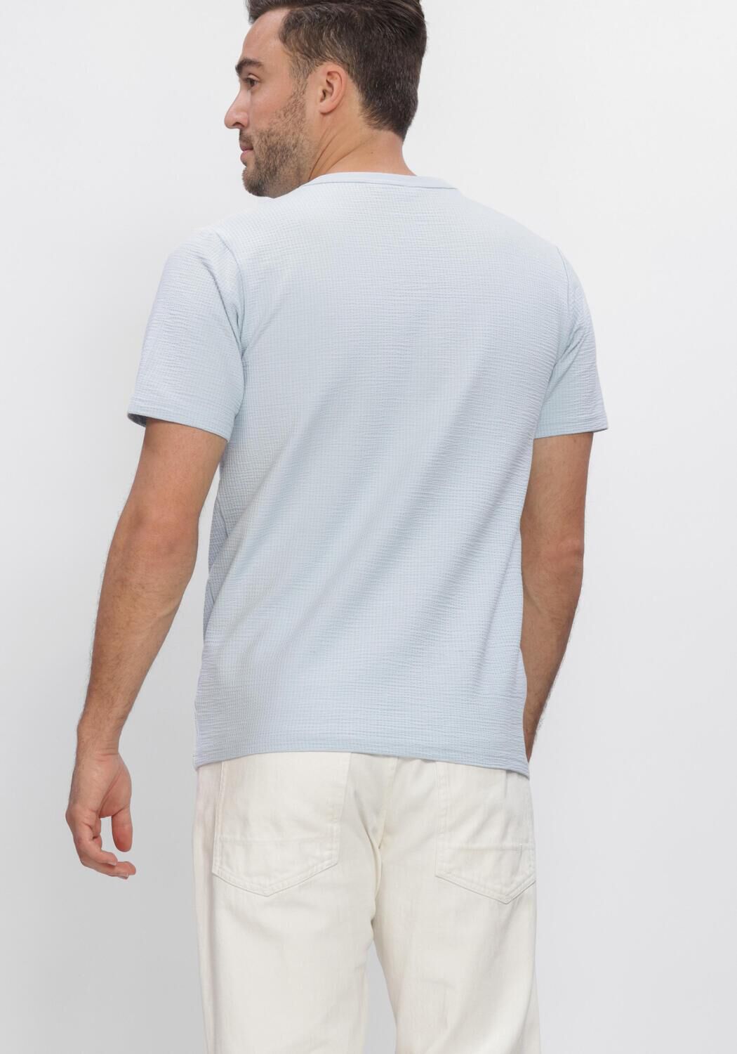 Blauwe SELECTED MEN Polo / T-shirt SLHSANDER SEERSUCKER SS O-NECK  TEE - large