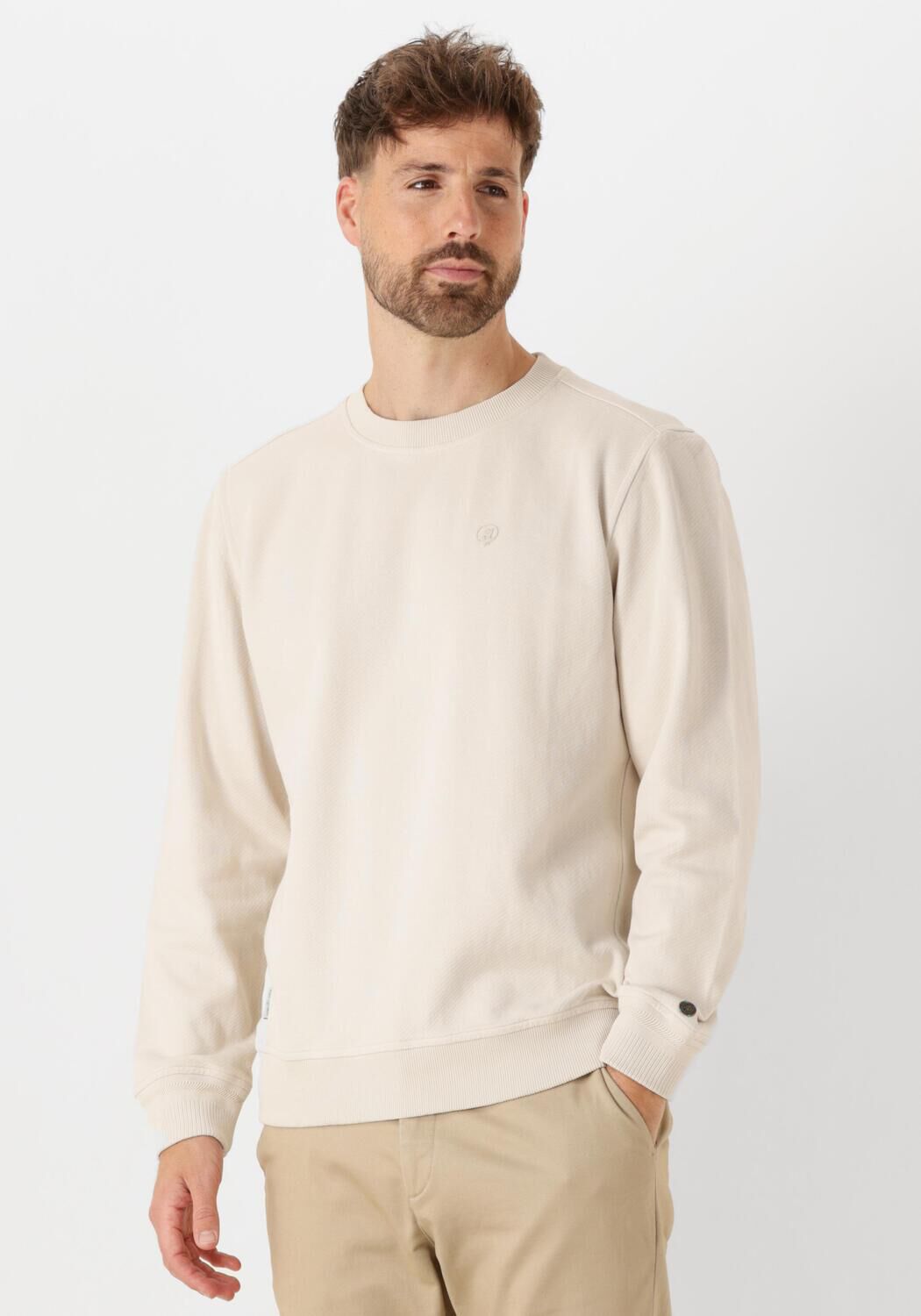 CAST IRON Heren Truien & Vesten Long Sleeve R-neck Regular Fit Twill Ecru