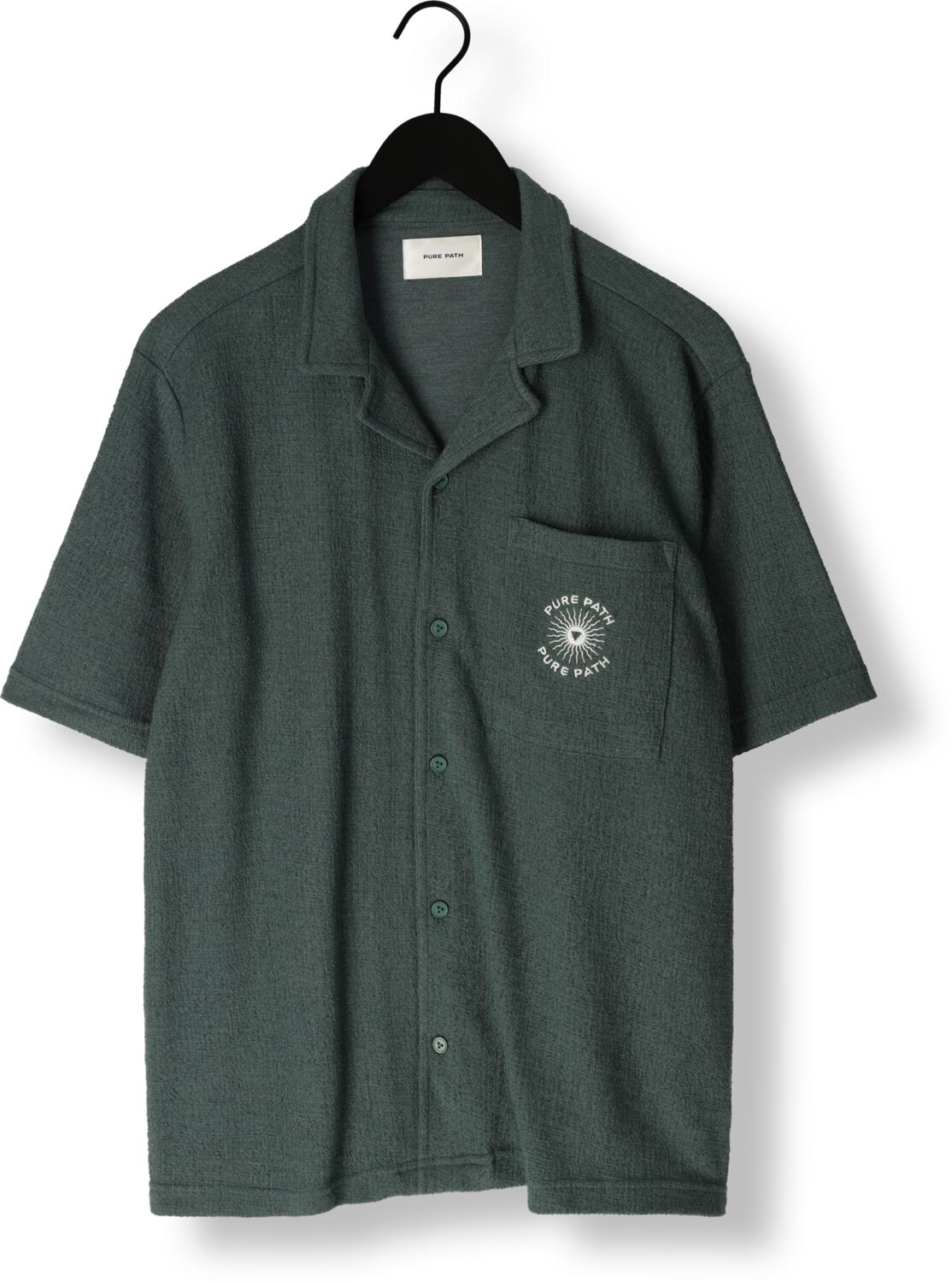 PURE PATH Heren Overhemden Structured Shortsleeve Shirt With Chest Pocket And Embroidery Groen