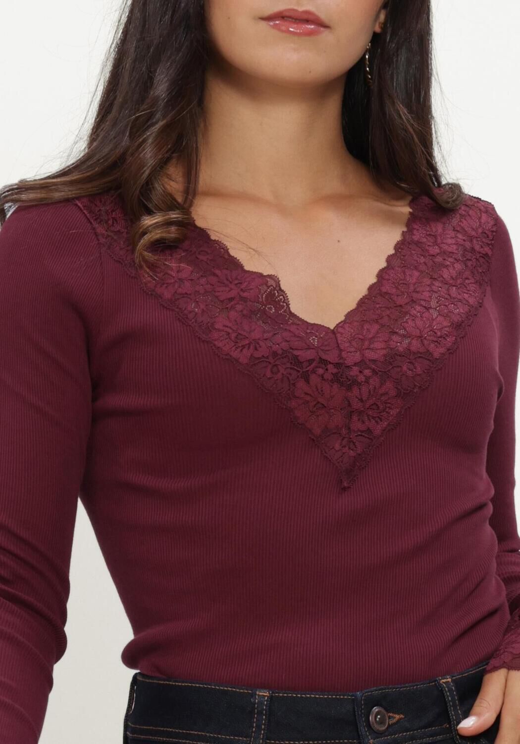 ROSEMUNDE Dames Tops & T-shirts Bernadine Organic Ls V-neck Lace Bordeaux