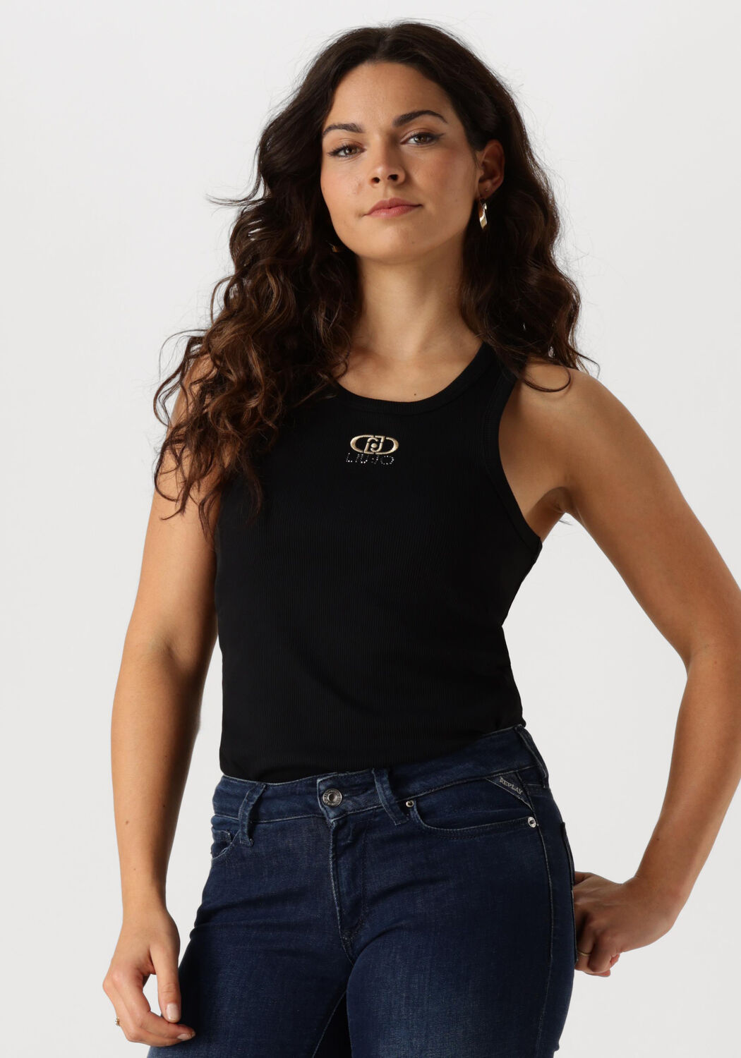Liu Jo Zwarte Geribbelde Mouwloze Top Geborduurd Logo Black Dames