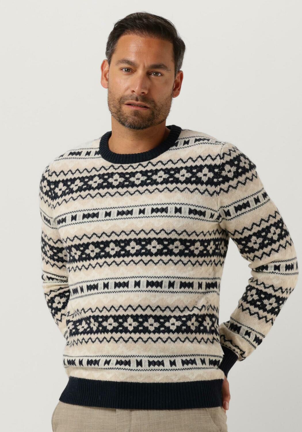 beige selected homme trui faroe ls knit fair isle crew