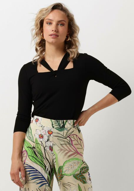 Zwarte JANSEN AMSTERDAM Top V130 JERSEY UNI TOP 3/4 SLEEVE KNOTDETAIL AT NECKLINE - large