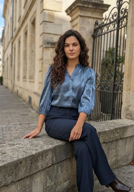 Blauwe JANSEN AMSTERDAM Blouses BO BLOUSE SQL 782 3/4 PUFF SLEEVE - large