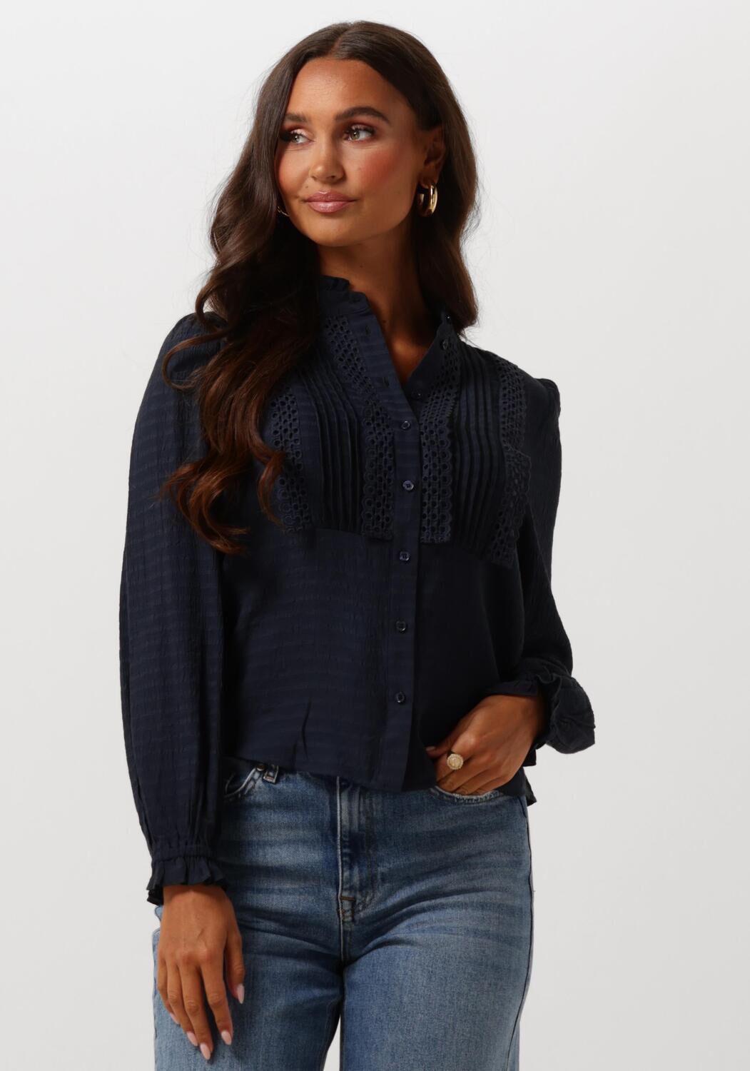 Lollys Laundry Geborduurde Donkerblauwe Overhemdblouse Blue Dames