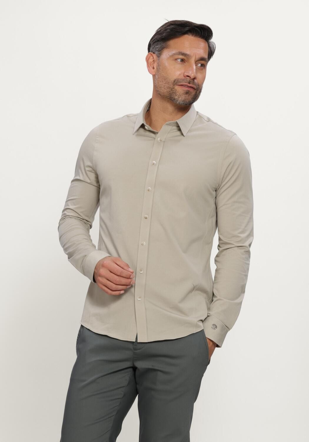 Beige CAST IRON Klassiek overhemd LONG SLEEVE SHIRT TWILL JERSEY - large