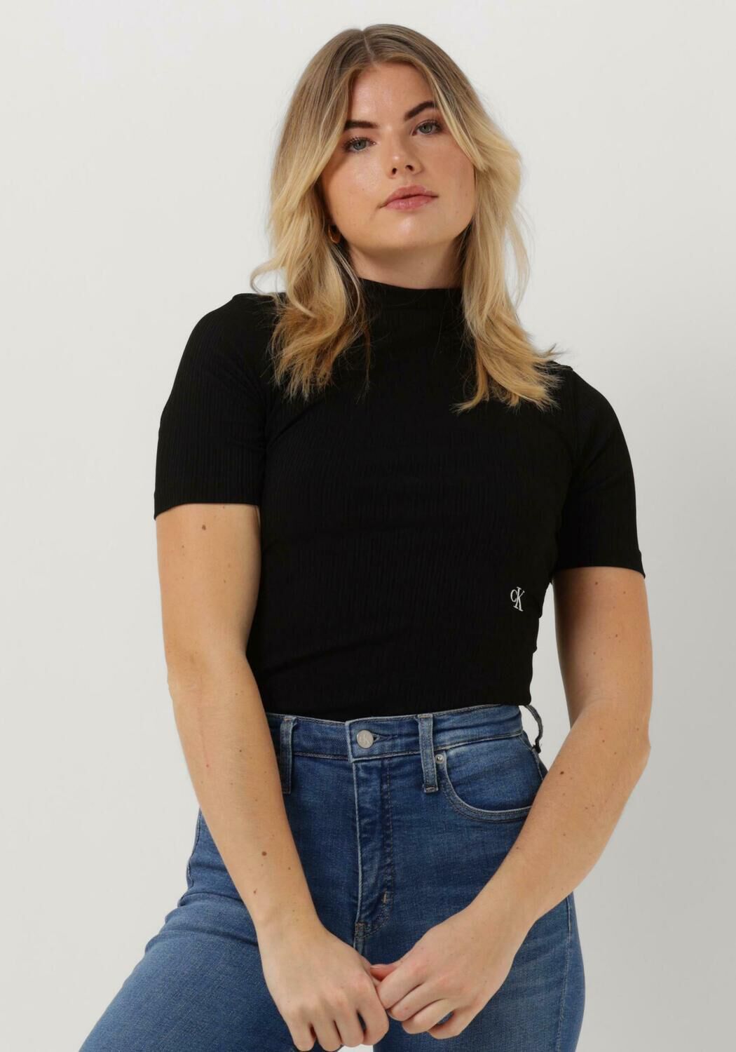 Zwarte CALVIN KLEIN Top SHINY RIB HIGH NECK SHORT SLEEVE Omoda