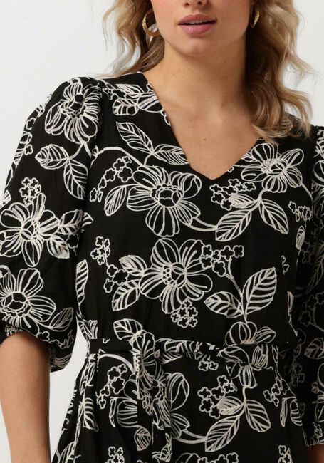 Zwarte JANSEN AMSTERDAM Midi jurk WGE517 EMBROIDERED DRESS 3/4 SLEEVE V-NECK - large