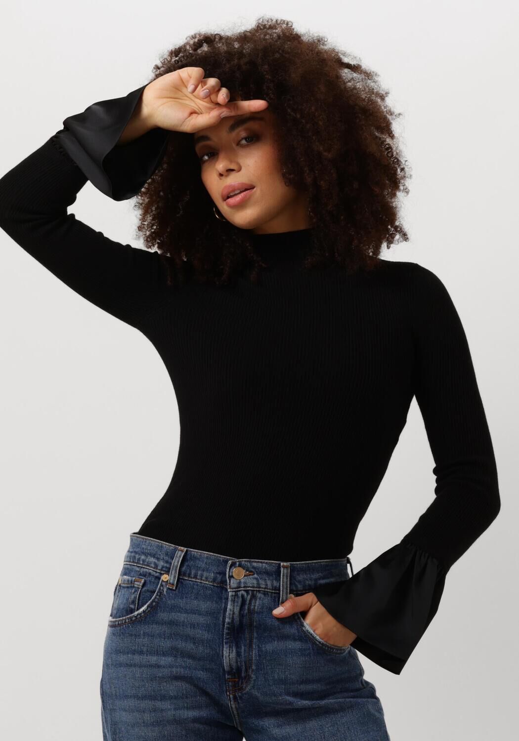 Twinset Zwarte Geribbelde Trui met Satijnen Ruche Black Dames