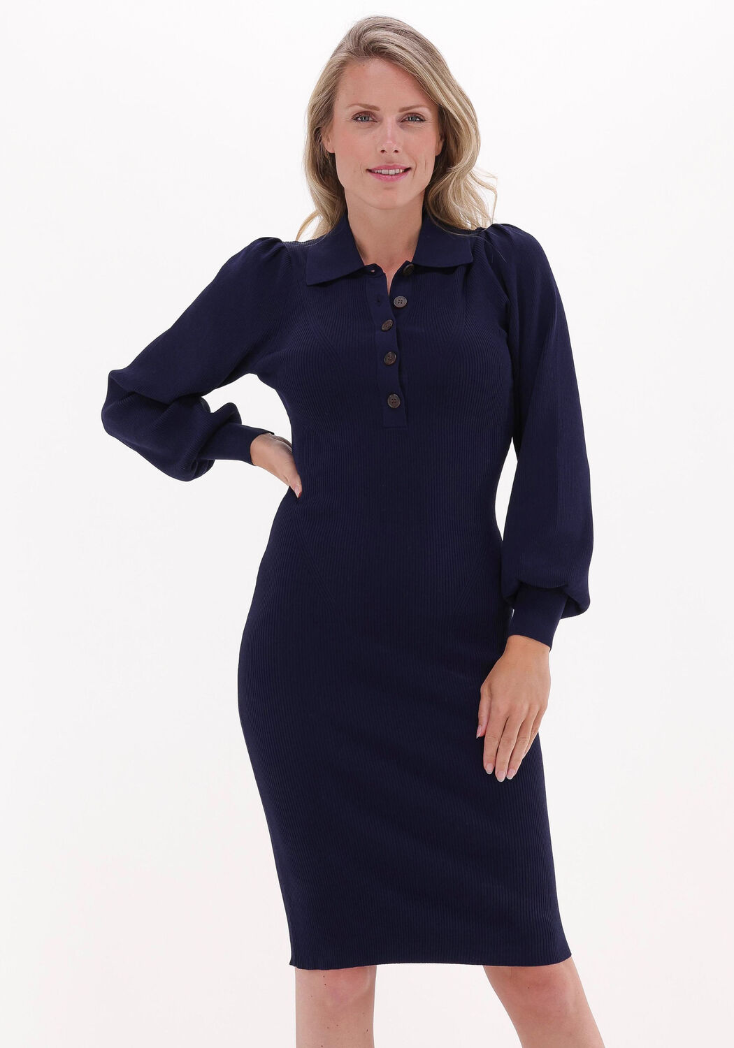 donkerblauwe second female midi jurk lee knit dress