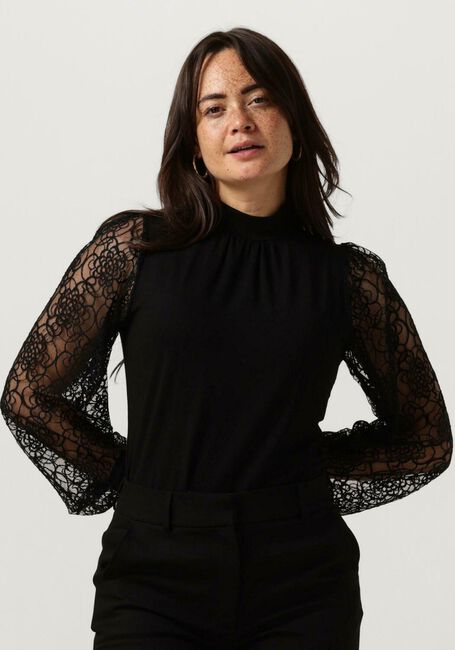 Zwarte JANSEN AMSTERDAM Blouses V107 TOP WITH LACE SLEEVES AND TURTLE NECK - large