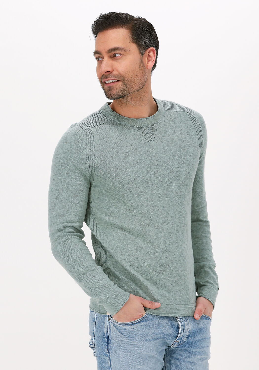 groene cast iron trui r neck linen cotton slub
