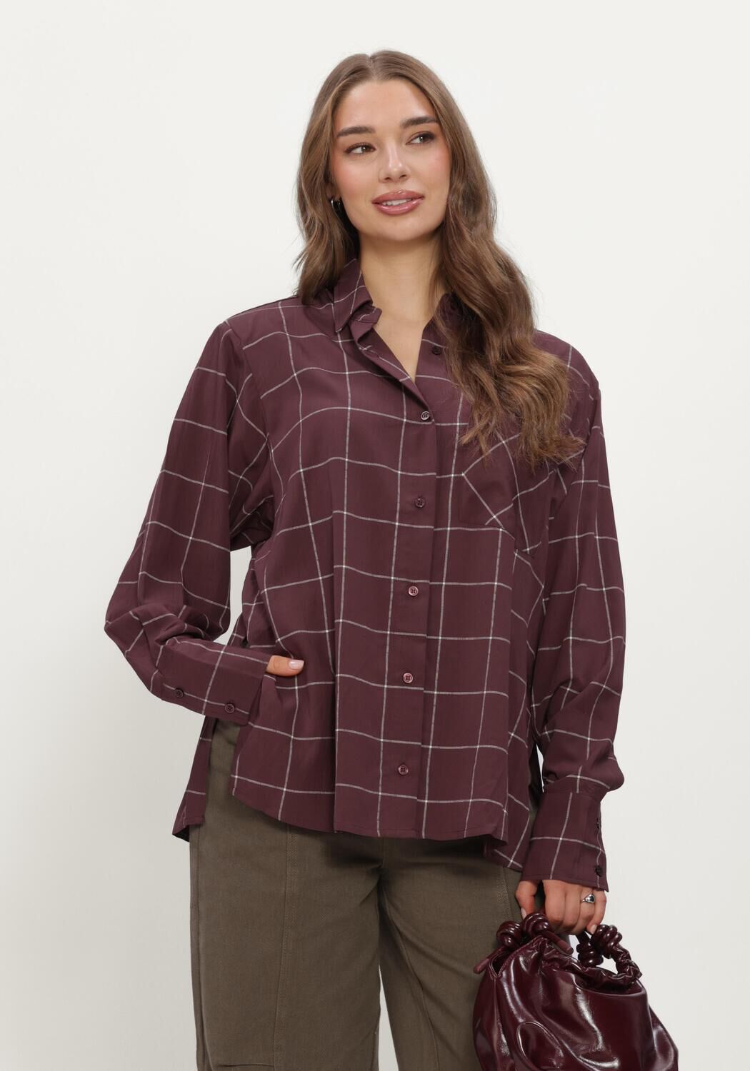 Bordeaux REFINED DEPARTMENT Blouses LADIES WOVEN BLOUSE CHECK SHOULDER PADS NARO - large