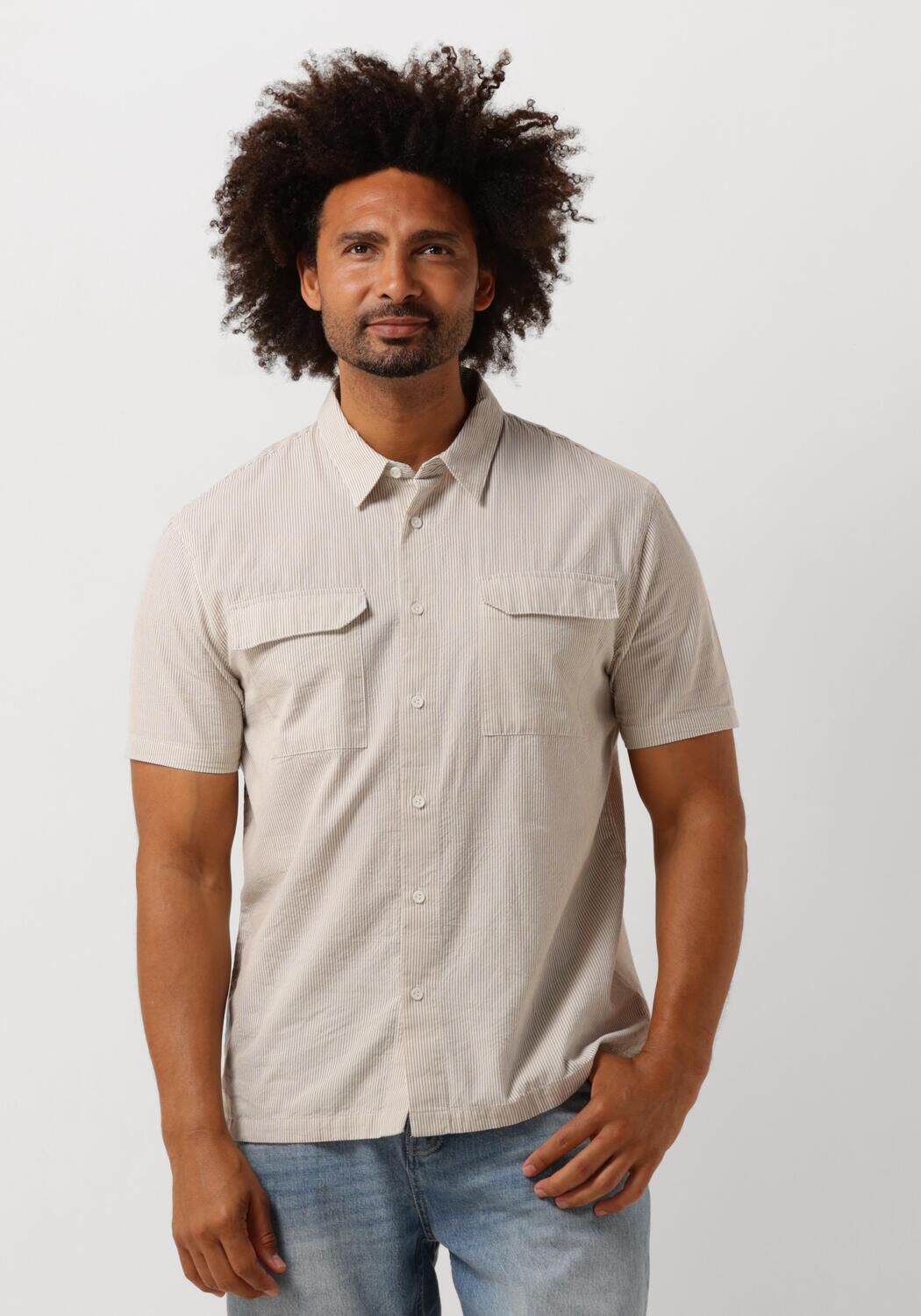 PURE PATH Heren Overhemden Seersucker Shortsleeve Shirt With Chest Pockets Taupe