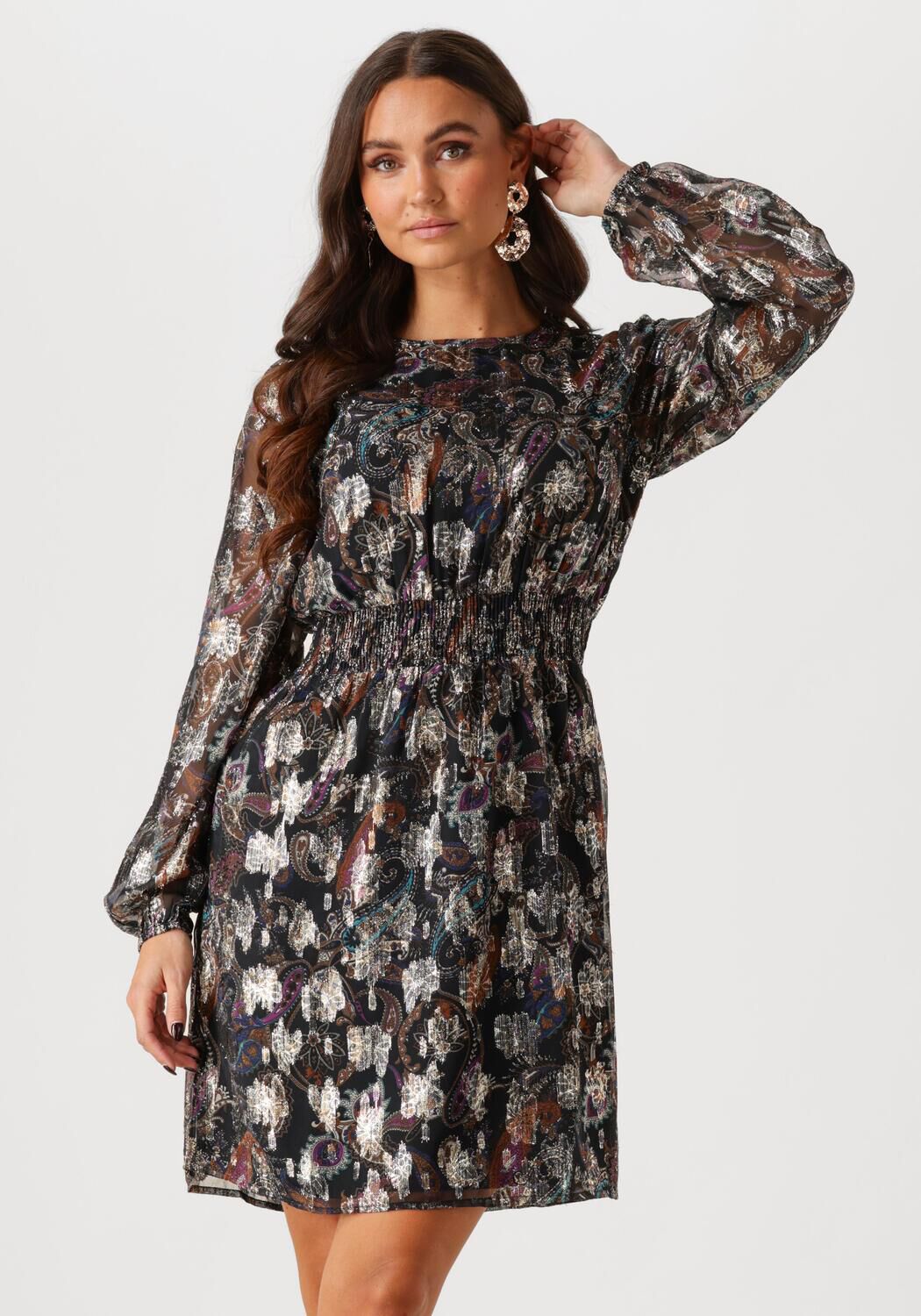 Freebird jurk Daykota met all over print en glitters zwart goud glitter