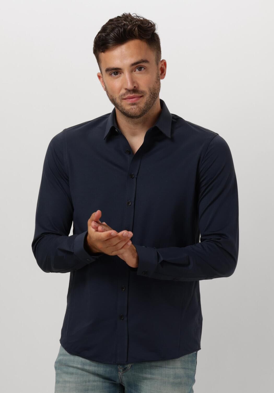 CAST IRON Heren Overhemden Long Sleeve Shirt Twill Jersey 2 Tone Blauw