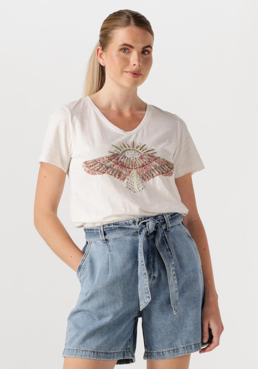 MOS MOSH T-shirt met geribde V-hals model 'Nadine'