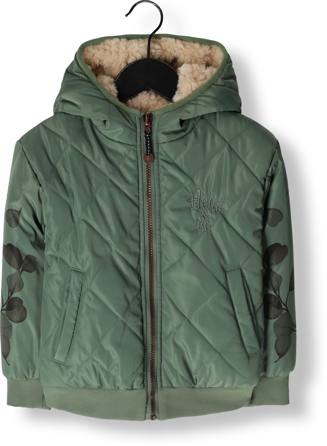 NONO reversible gewatteerde winterjas Bomby met bladprint lichtgroen beige Meisjes Polyester Capuchon 122 128