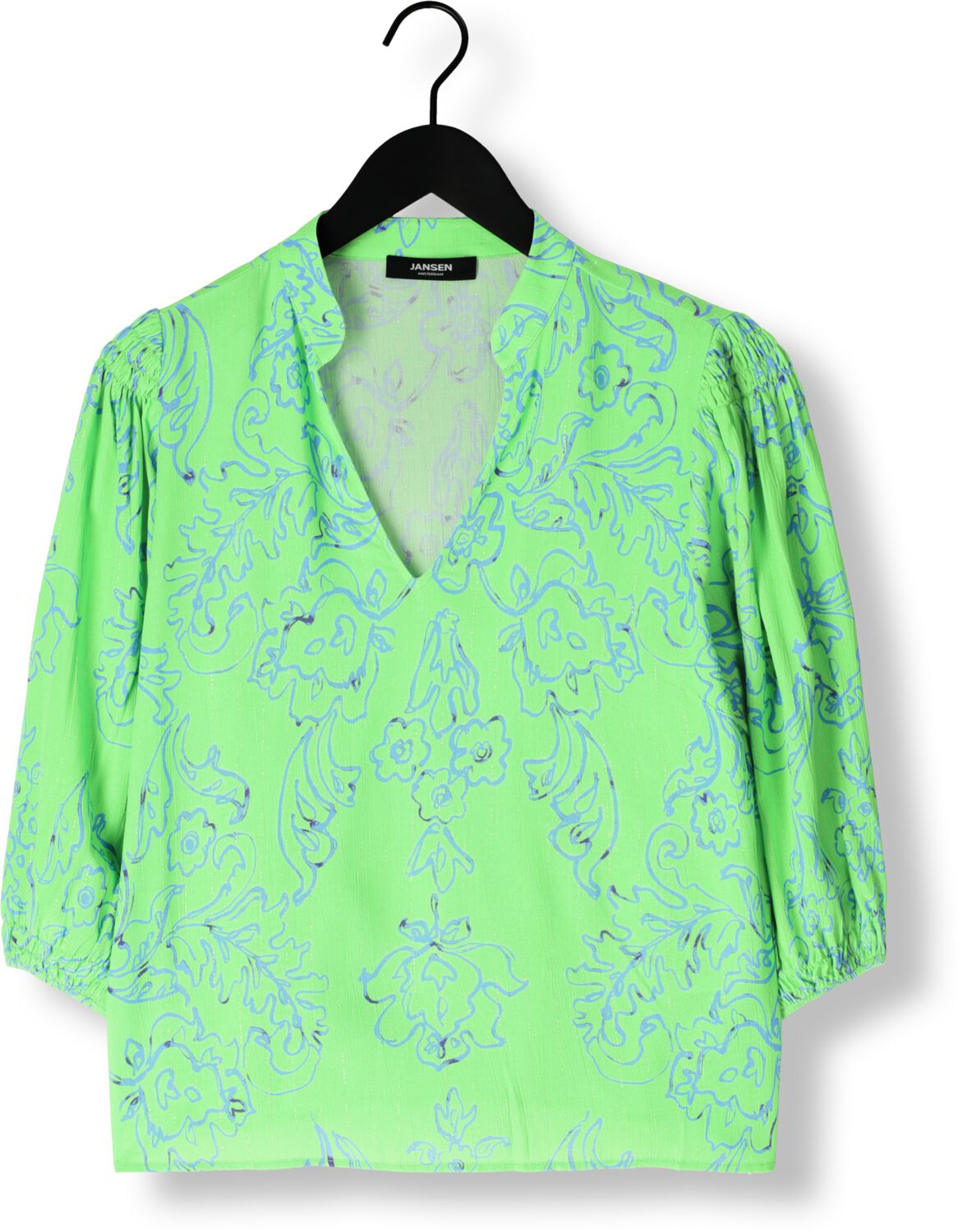 JANSEN AMSTERDAM Dames Blouses Leonie Blouse Wp 199 3 4 Puffed Sleeve Groen