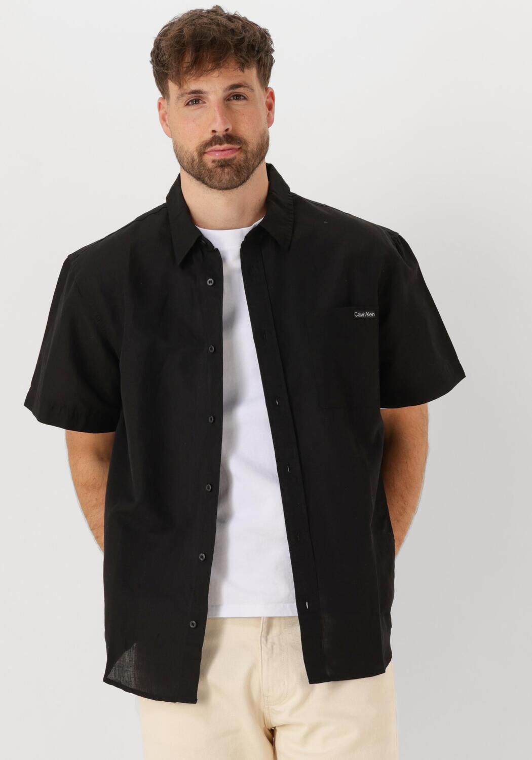 CALVIN KLEIN Heren Overhemden Linen Cotton S s Shirt Zwart