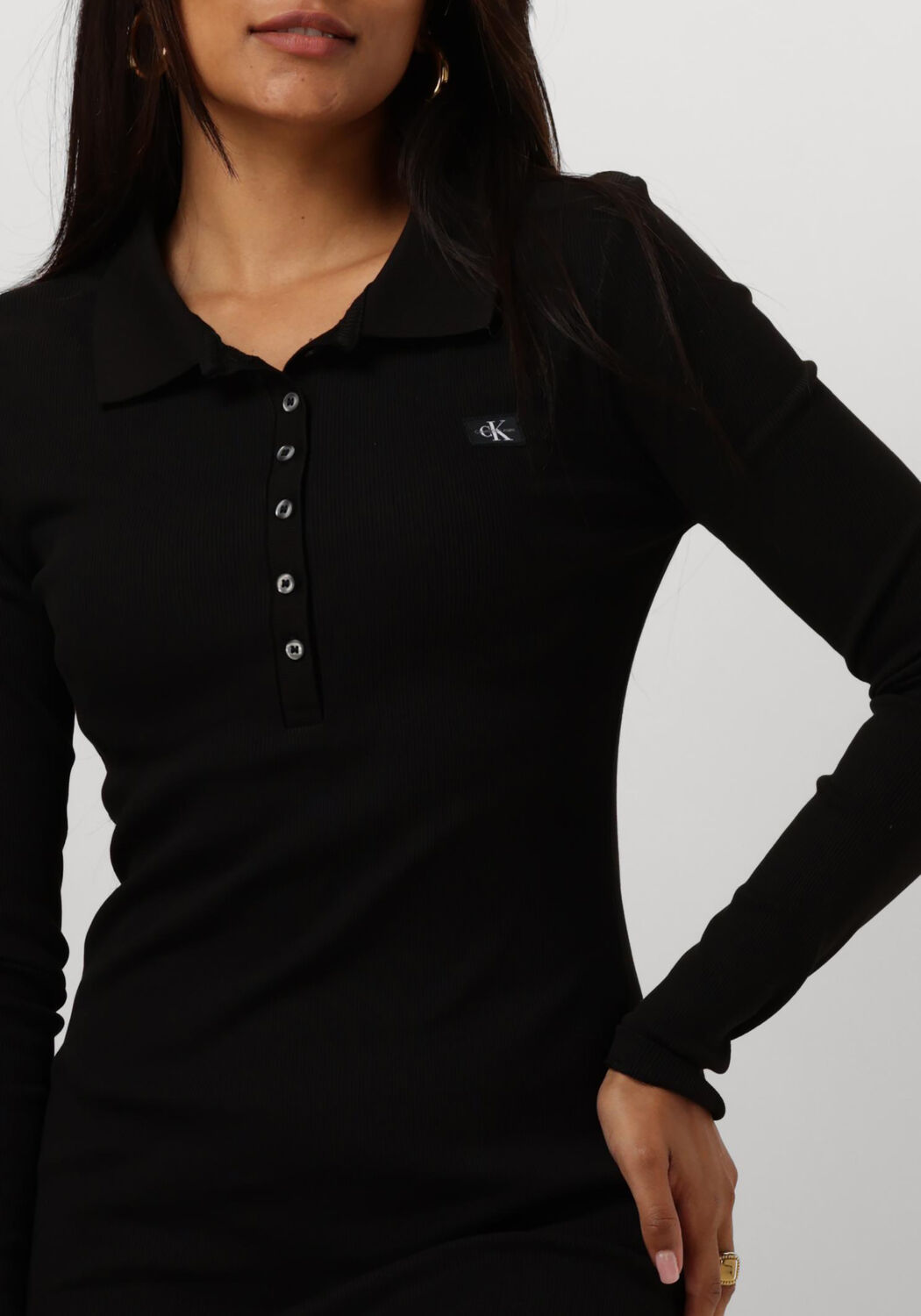 CALVIN KLEIN Dames Jurken Woven Label Rib Polo Ls Dress Zwart
