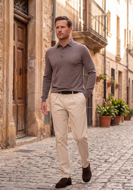 Taupe STEFANO LAURAN Trui POLO BUTTON MERINO - large