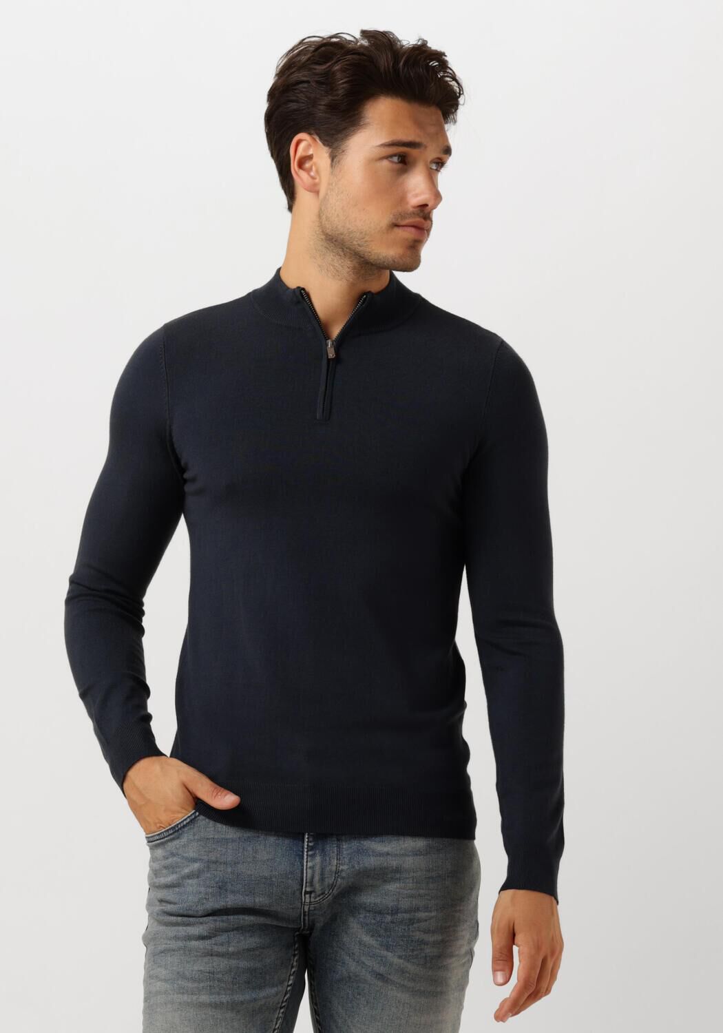 Donkerblauwe PURE PATH Trui ESSENTIAL KNIT HALFZIP SWEATER Omoda